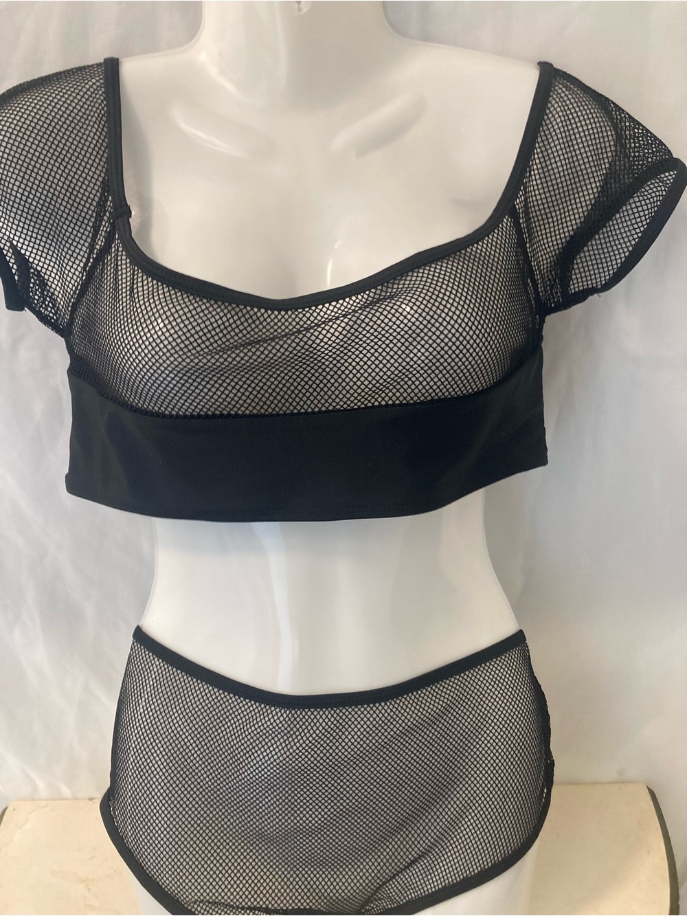 Black Fishnet 2-Piece Set Mesh Crop Top & Mini Skirt S/M